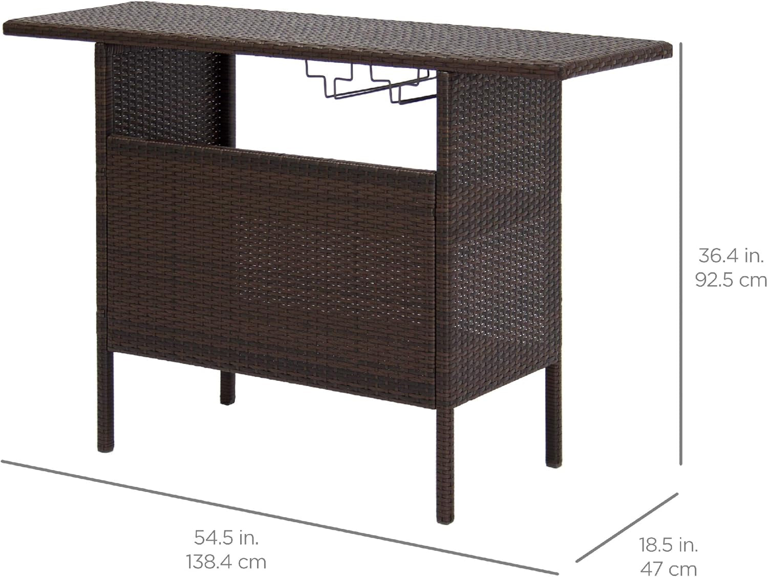 Outdoor Patio Wicker Bar Counter Table Backyard Furniture W/ 2 Steel Shelves and 2 Sets of Rails - Brown