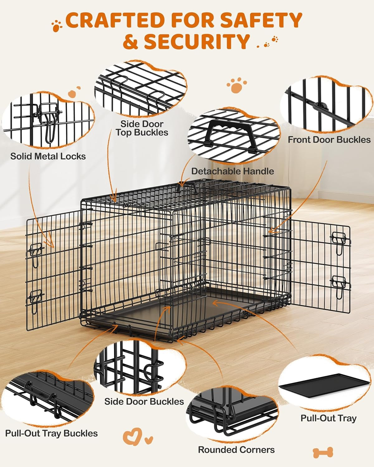 42 Inch Dog Crate Double Door Dog Crate W/Divider for Puppy to Adult XL Collapsible Metal Dog Crate with Removable Tray Wire Dog Kennel Pet Crate for Large Dogs Portable Travel Cage, Black