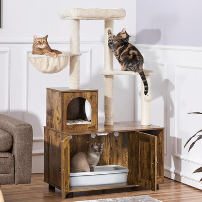 Litter Box Enclosure with Cat Tree, All-In-One Indoor Cat House W/Scratching Posts, Wooden Cat Litter Box Furniture W/Cat Condo, Platform, Rustic Brown/Beige