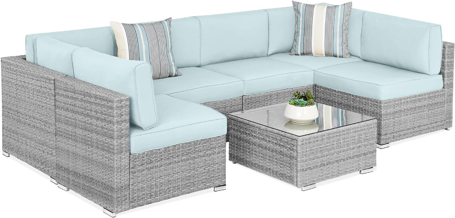 7-Piece Modular Outdoor Sectional Wicker Patio Conversation Set W/ 2 Pillows, Coffee Table, Cover Included - Gray/Navy