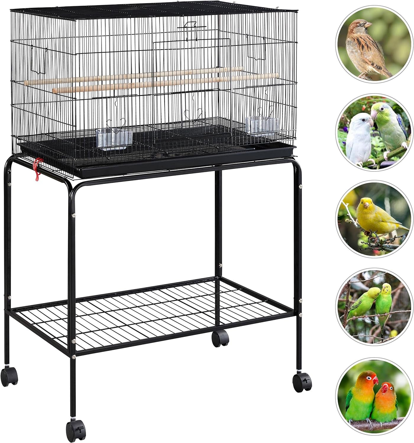 47-Inch Rolling Breeding Flight Bird Cages for Parakeets Budgies Finches Cockatiels Conures Lovebirds Canaries Parrots W/Detachable Stand, Black