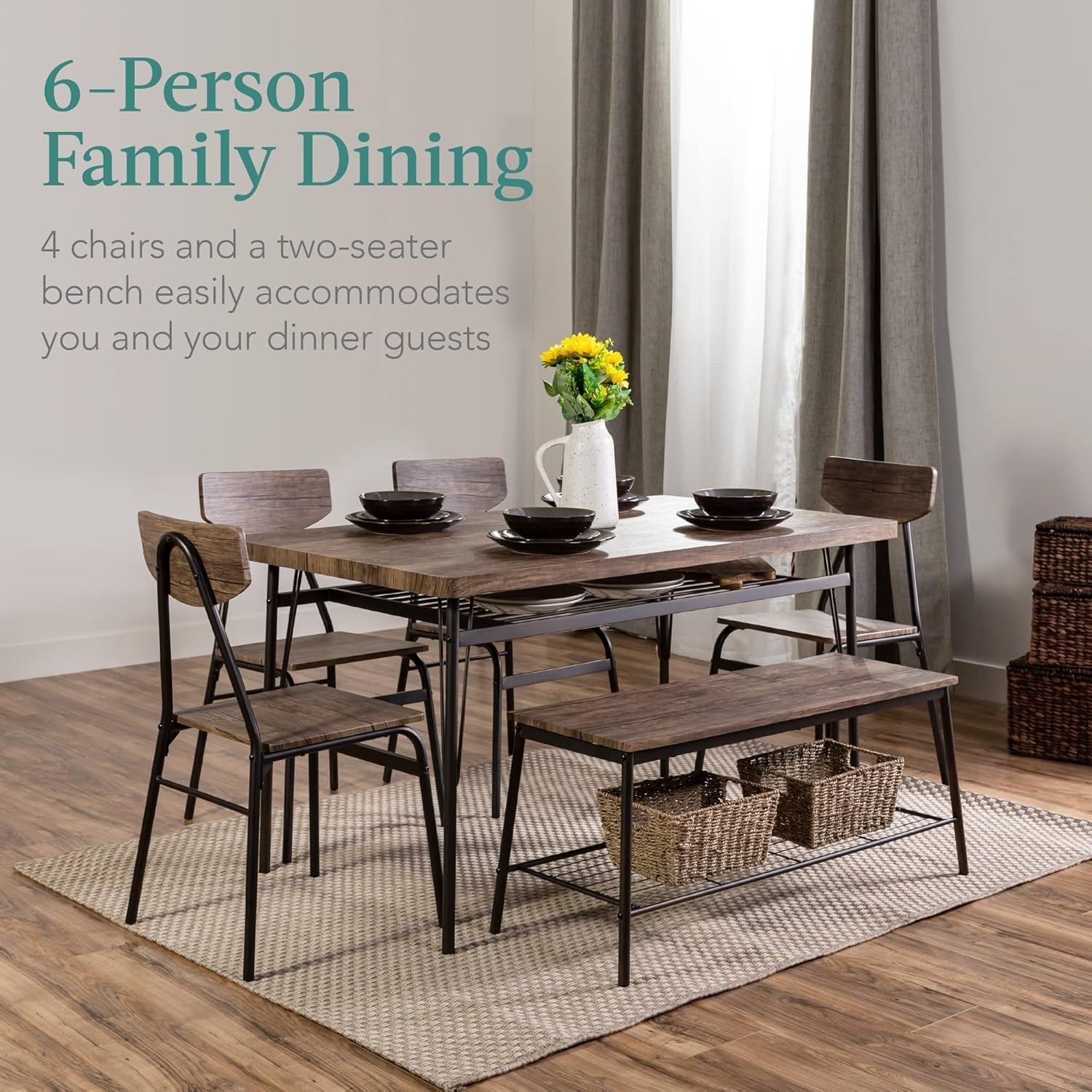 6-Piece 55In Modern Dining Set for Home, Kitchen, Dining Room W/Storage Racks, Rectangular Table, Bench, 4 Chairs, Steel Frame - Brown