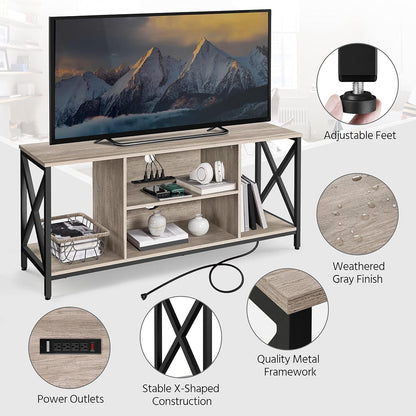 TV Stand for 65 Inch TV, Industrial Entertainment Center TV Console with Power Outlets, Modern TV Cabinet with Open Storage Shelves for Living Room, Gray