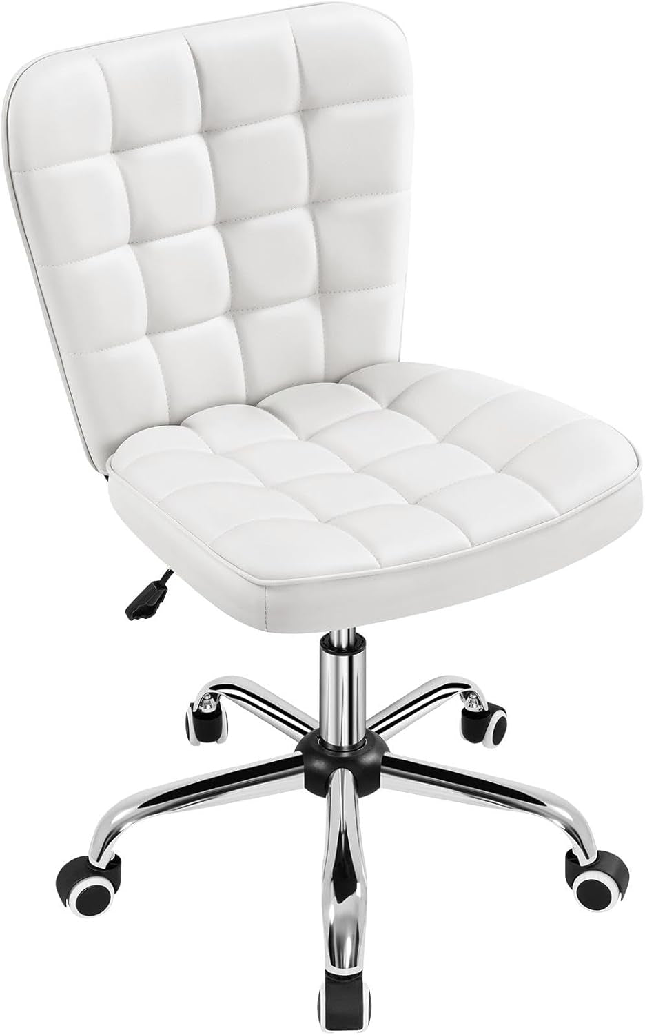 Armless Desk Chair Modern Tufted Office Chair Faux Leather Upholstered Computer Chair with Adjustable Seat Height and Rolling Wheels for Home/Office, White