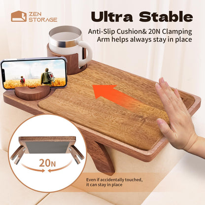 Couch Arm Table 4 in 1, Wooden Sofa Arm Tray, Stable Sofa Arm Table with 360° Rotatable Phone Holder/Cup Holder/Cheese Board, Folding Anti-Slip Couch Arm Tray for Eating/Drinks/Snacks/Remote