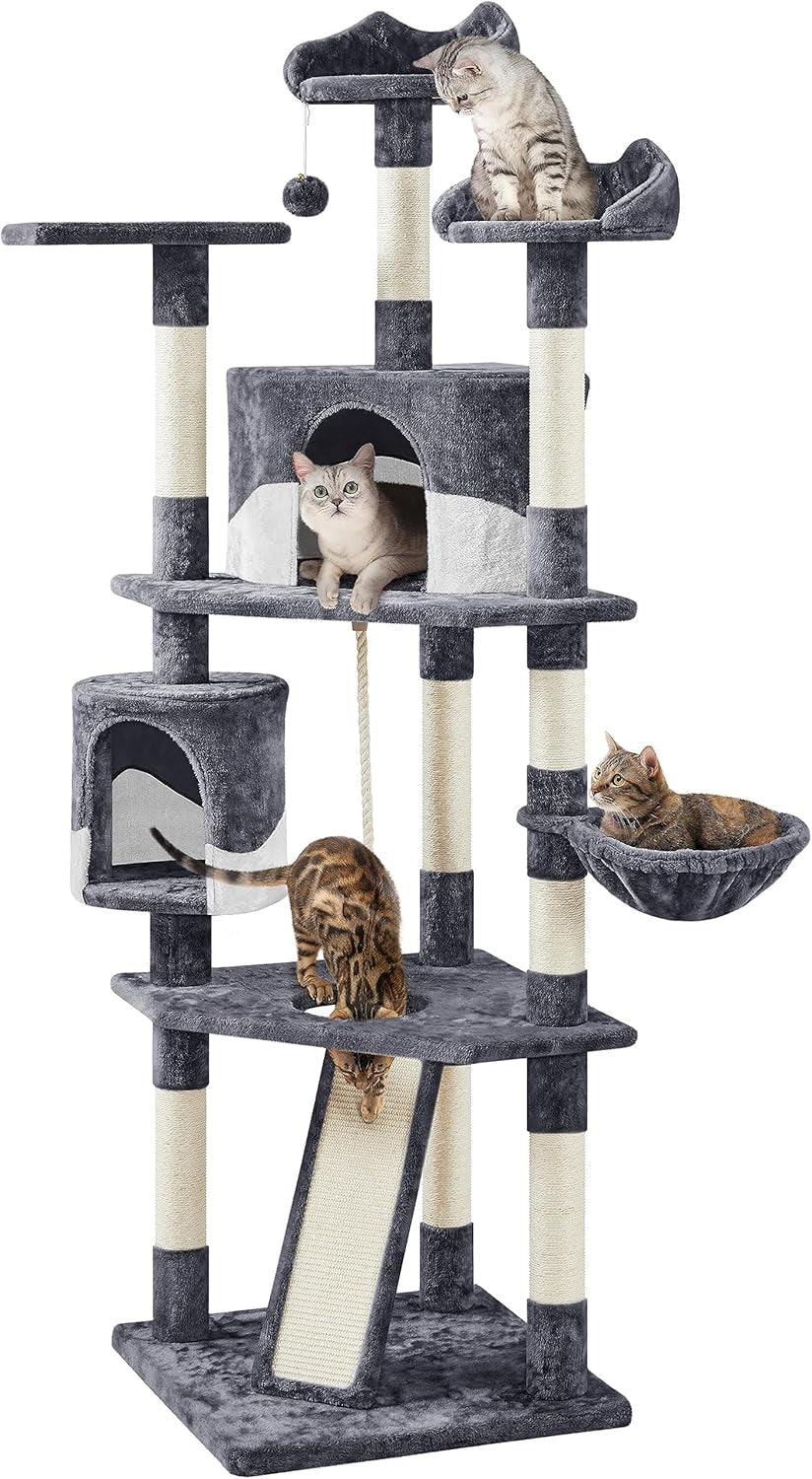 79In Multi-Level Cat Trees Indoor Cat Tower with Sisal-Covered Scratching Posts, Plush Perches and Condo for Kittens, Cats and Pets - Dark Gray and White