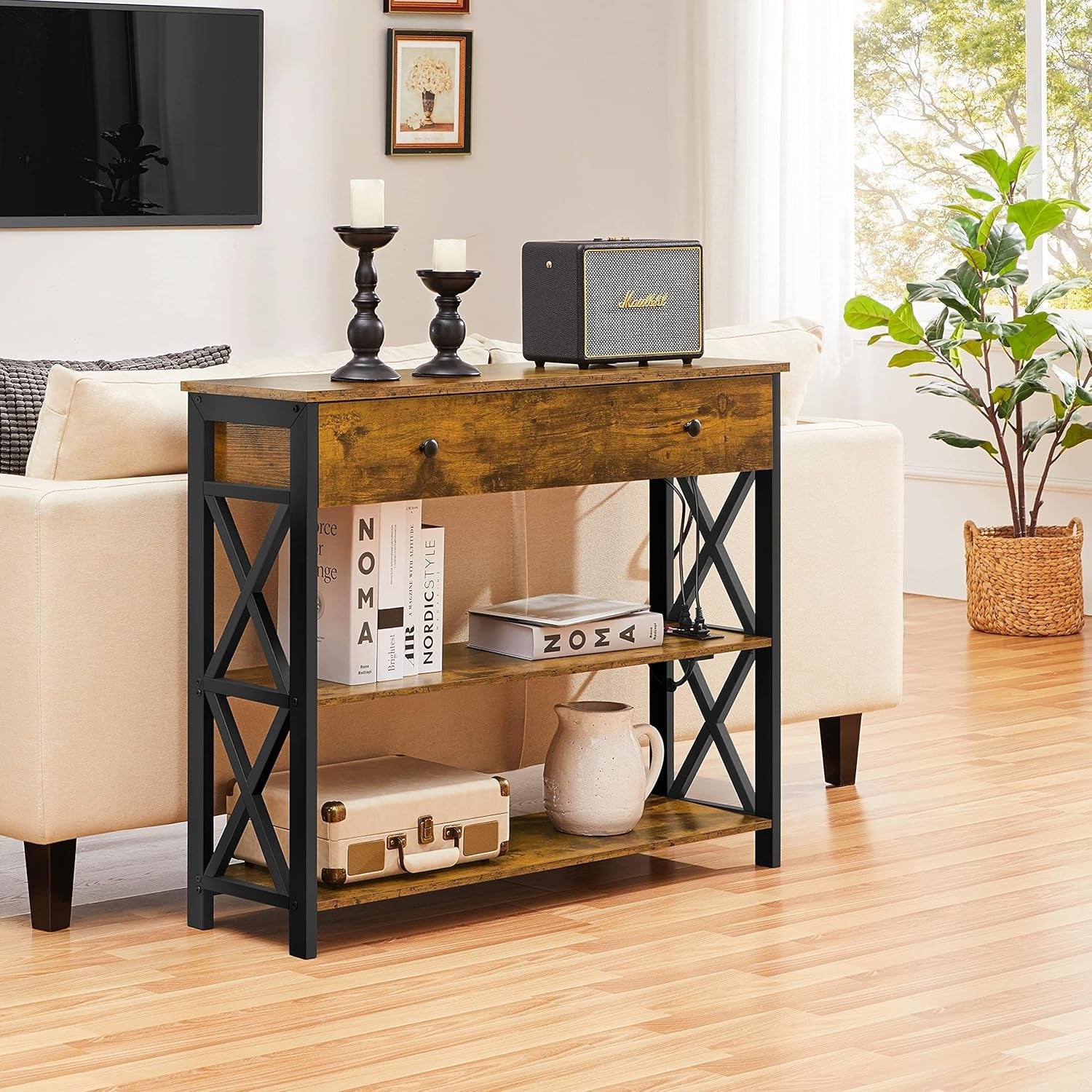 Console Table with 2 Outlets and 2 USB Ports, Industrial Entryway Table with Drawer and Storage Shelves, Narrow Sofa Table with Metal Frame for Living Room, Hallway, Rustic Brown