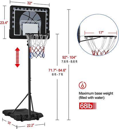 Kids Basketball Hoop Outdoor Stand Portable Basketball Goal System Set 7.6-8.6Ft Height Adjustable with PE Backboard W/ 2 Wheels Use for Indoor &amp; Outdoor Sports