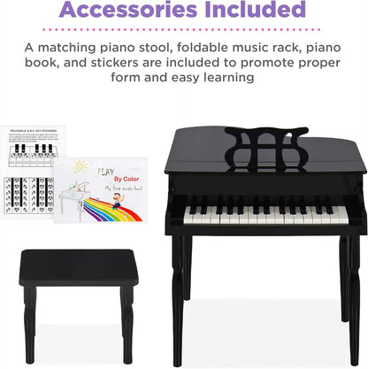 Kids Classic Wooden 30-Key Mini Grand Piano Musical Instrument Toy W/Piano Lid, Bench, Foldable Music Rack, Song Book, Note Stickers, Enamel Finish - Black