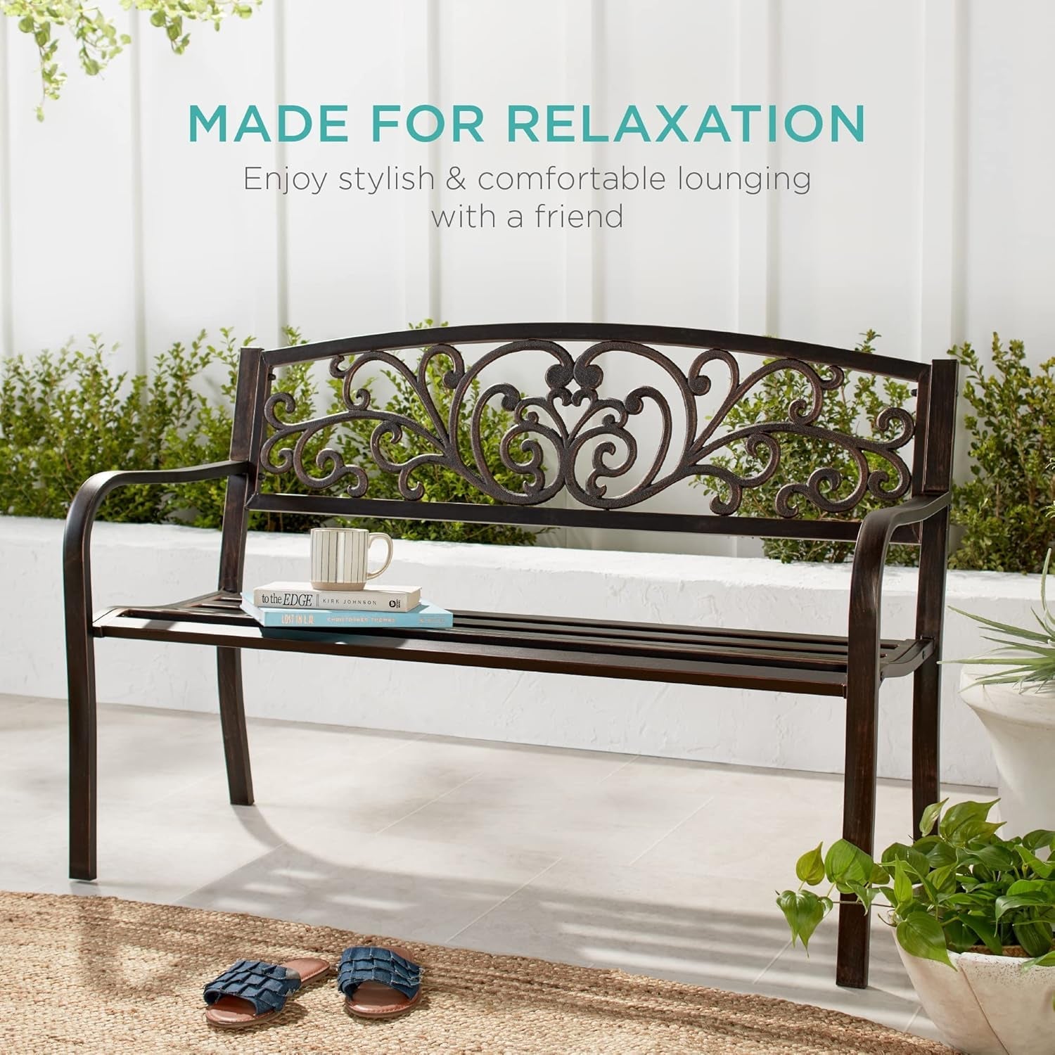 Outdoor Bench Steel Garden Patio Porch Furniture for Lawn, Park, Deck W/Floral Design Backrest, Slatted Seat - Black