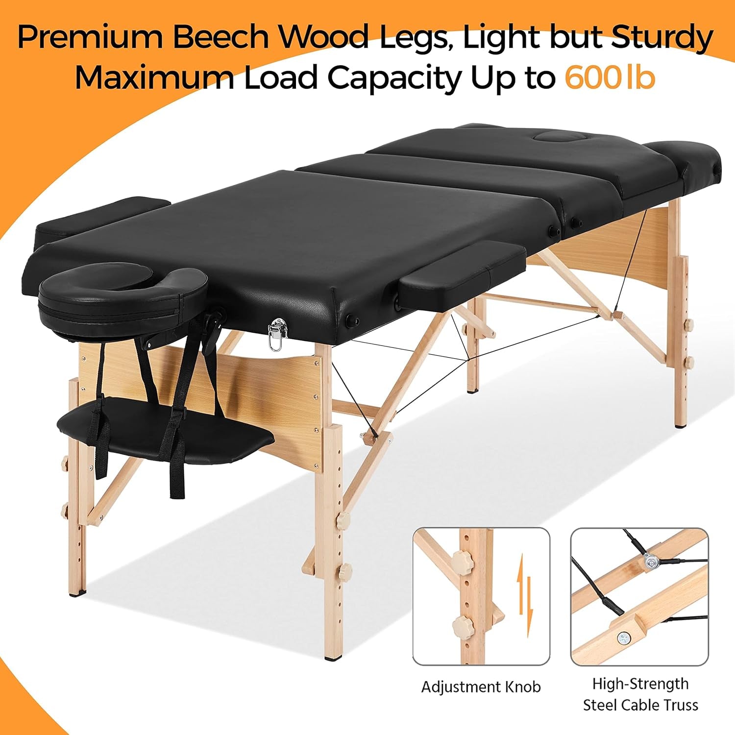 Massage Tables Portable Lash Bed Foldable Massage Bed Wide Tattoo Table with Bolster &amp; Carrying Bag Beauty Facial Bed Black