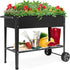 Elevated Mobile Raised Ergonomic Metal Planter Garden Bed for Backyard, Patio W/Wheels, Lower Shelf, 38X16X32In, Dark Gray