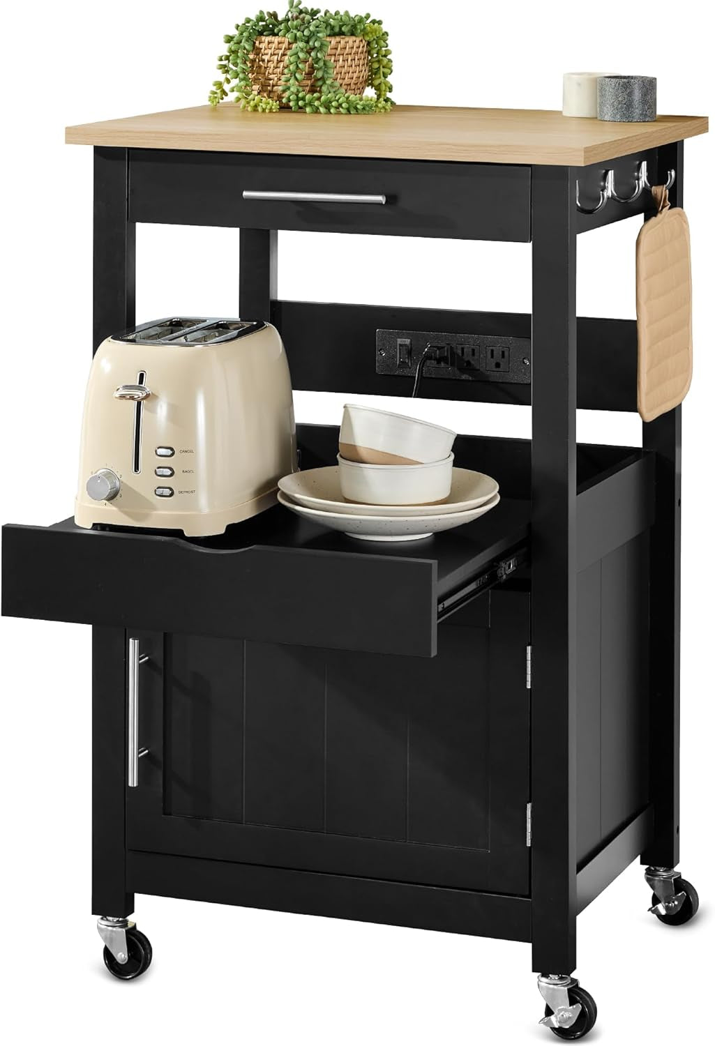 Rolling Kitchen Island Cart, Single Door Cabinet W/Drawer, Sliding Tray, Hidden Outlet, Hooks, &amp; Lockable Wheels - Onyx Black