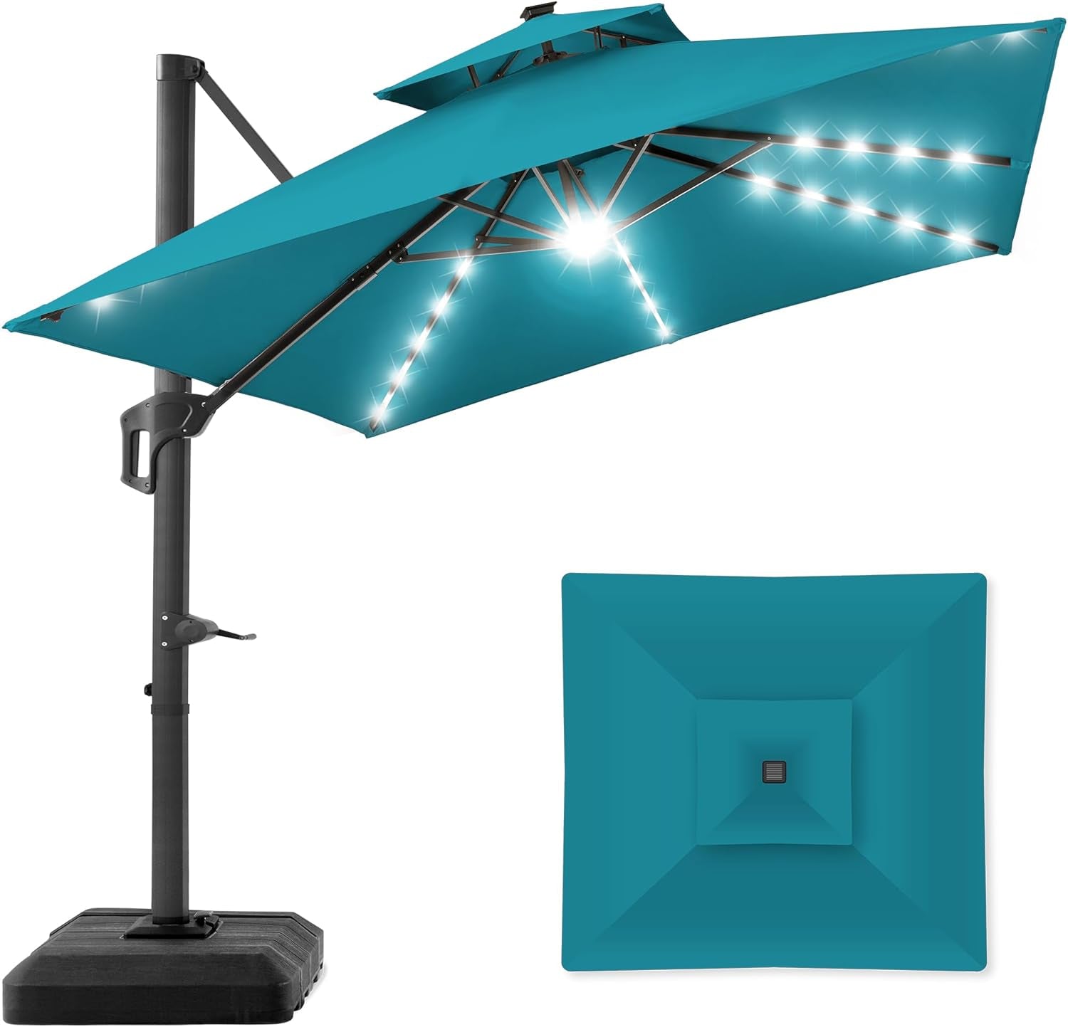 10X10Ft 2-Tier Square Cantilever Patio Umbrella with Solar LED Lights, Offset Hanging Outdoor Sun Shade for Backyard W/Included Fillable Base, 360 Rotation - Burgundy