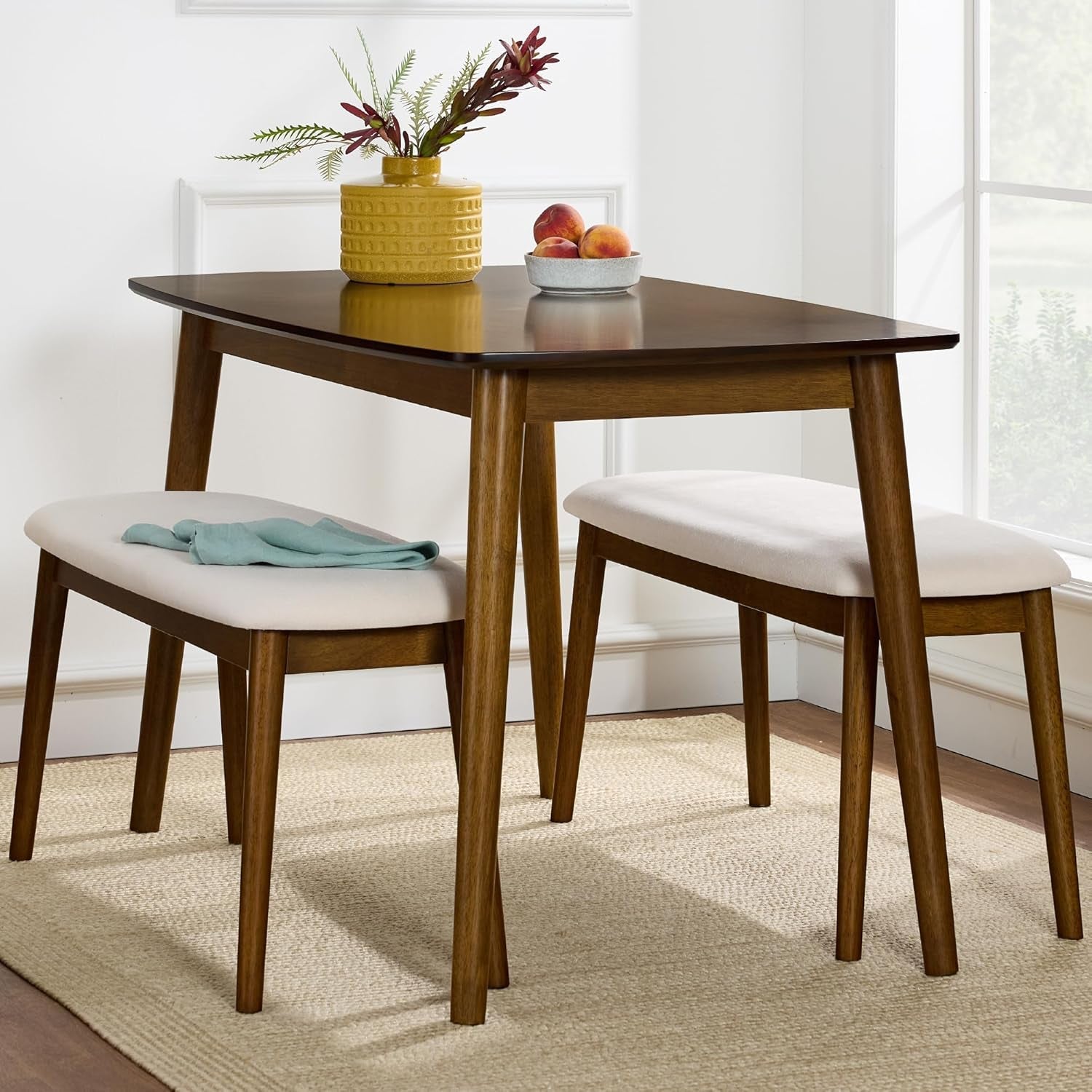 5-Piece Dining Set, Compact Mid-Century Modern Table &amp; Chair Set for Home, Apartment W/ 4 Chairs, Padded Seats &amp; Backrests, Wooden Frame - Walnut/Cream