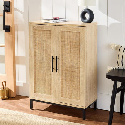 2-Door Natural Rattan 34 X 24In Multiuse Storage Cabinet for Bathroom, Living, Dining Room, Entryway W/Adjustable Shelves