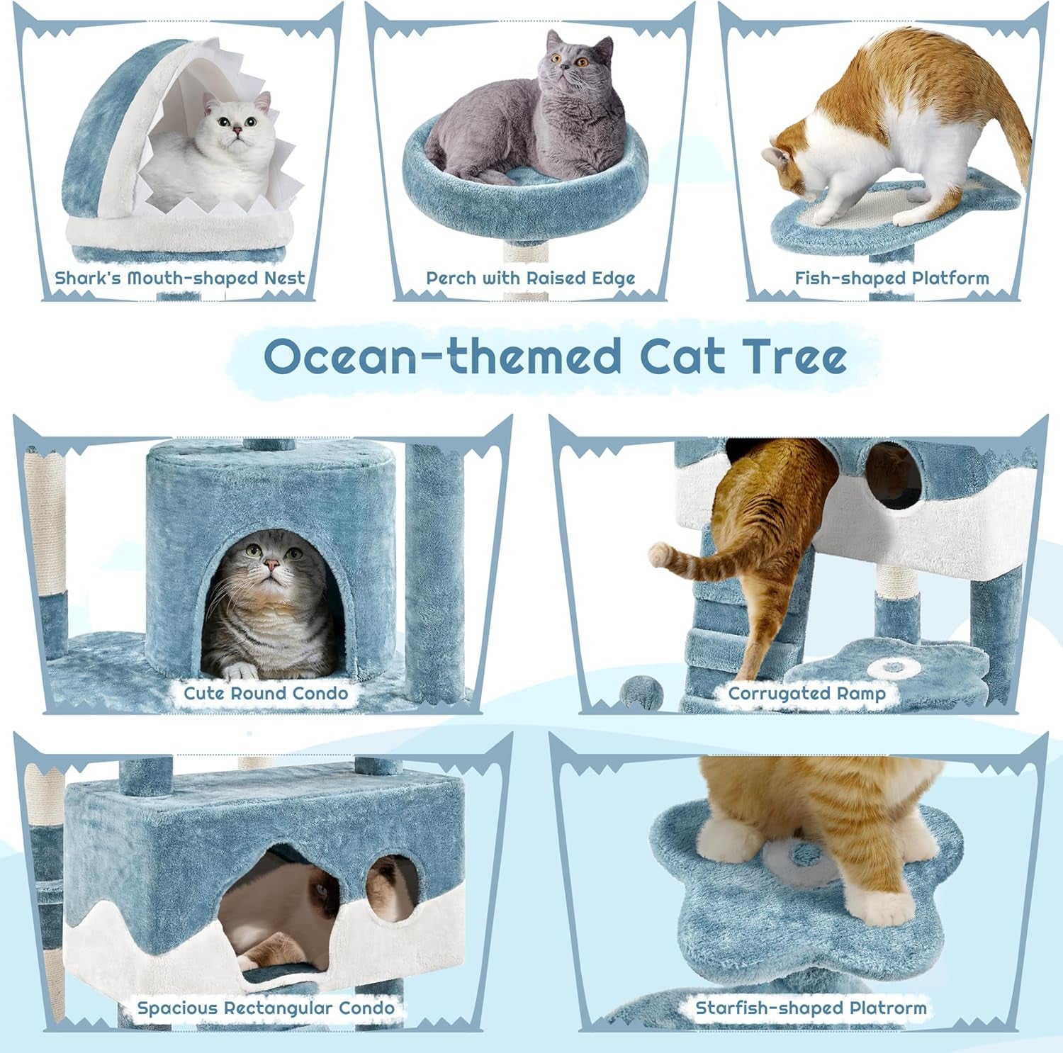 Cat Tree, 72.5Inch Ocean-Themed Cat Tree Tower, Multi-Level Large Cat Tree for Indoor Cats with Shark&