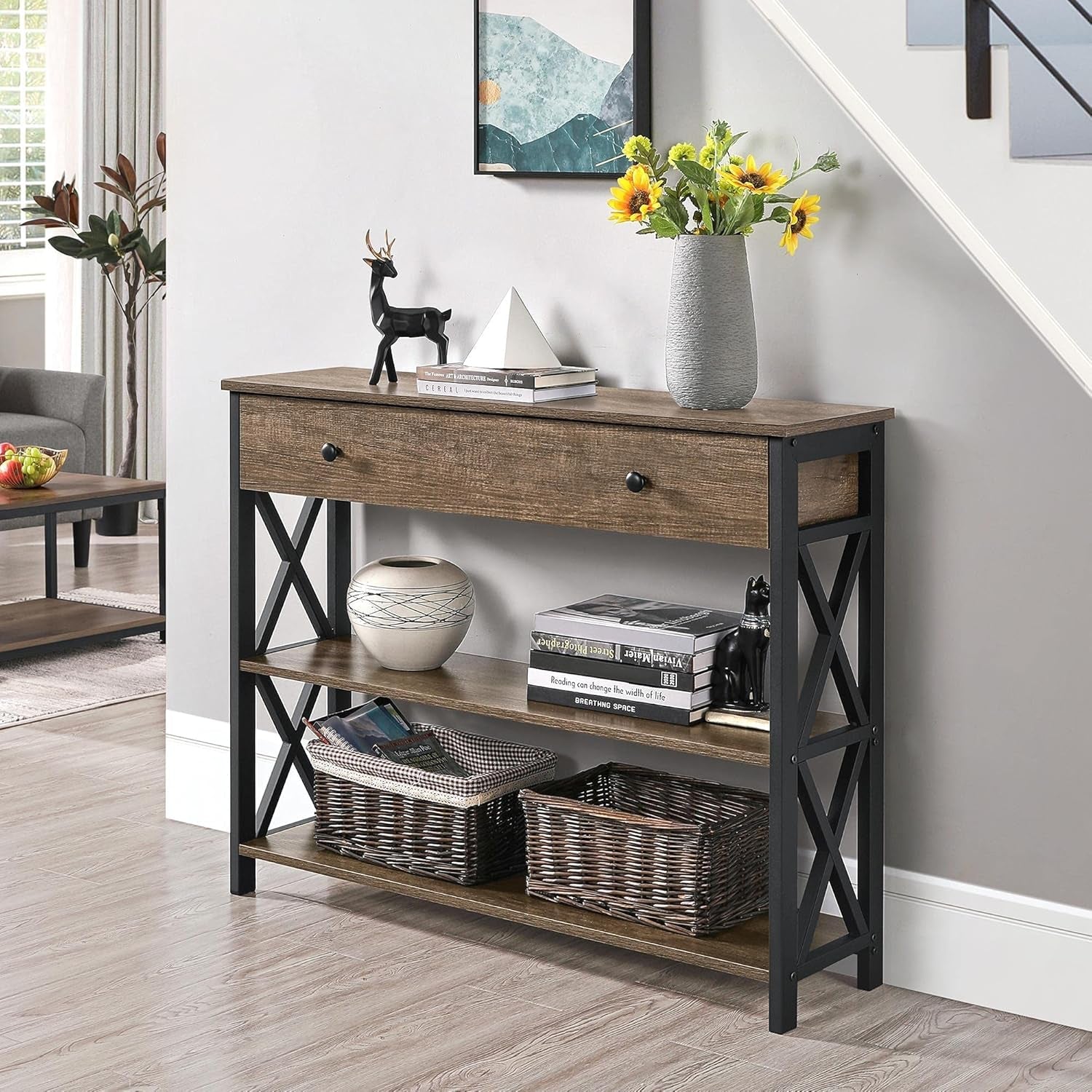 Console Table with Drawer and 2 Open Storage Shelves, Sofa Table for Living Room, 3-Tier Narrow Entryway Table, X-Shaped Design, Taupe Wood