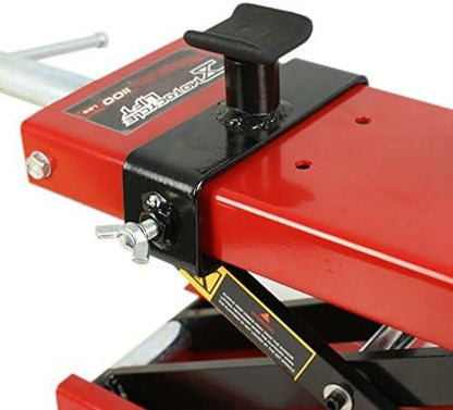 1100 LBS Capacity Steel Motorcycle Center Scissor Lift Jack with Saddle &amp; Safety Pin