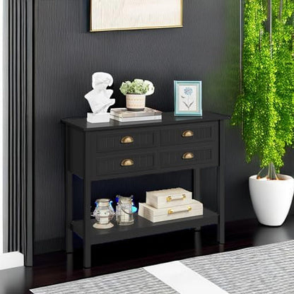 Console Table with 4 Drawers, Sofa Side Table with Bottom Open Storage Shelf, Heavy-Duty Entryway Table for Hallway/Living Room, 39.5X14X32 Inch, Black