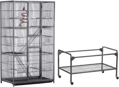 69-Inch Extra Large Wrought Iron 3 Levels Ferret Chinchilla Sugar Glider Squirrel Small Animal Cage with Cross Shelves and Ladders, Black