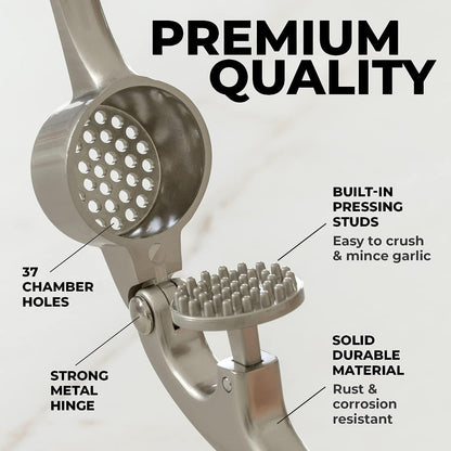 Premium Garlic Press Set - Rust Proof &amp; Dishwasher Safe Professional Garlic Mincer Tool - Easy-Squeeze, Easy-Clean with Soft, Ergonomic Handle - Silicone Garlic Peeler &amp; Brush (Silver)