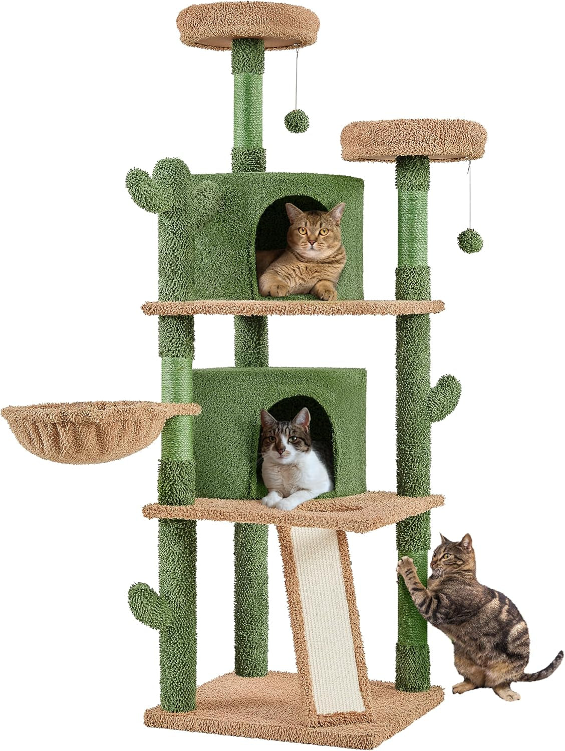 Cactus Cat Tree, 66In Cat Tower for Indoor Cats, Multi-Level Cat Tree with Large Condos &amp; Ramp, Pet Play House with Padded Perch, Platforms, Basket &amp; Hanging Ball, Green/Brown