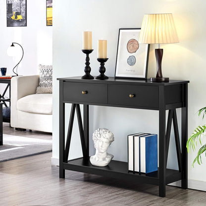 Console Table with Drawer, Wood Entryway Table with Storage Shelves, Sofa Table Narrow Long for Living Room Entryway Hallway, Easy Assembly, Black