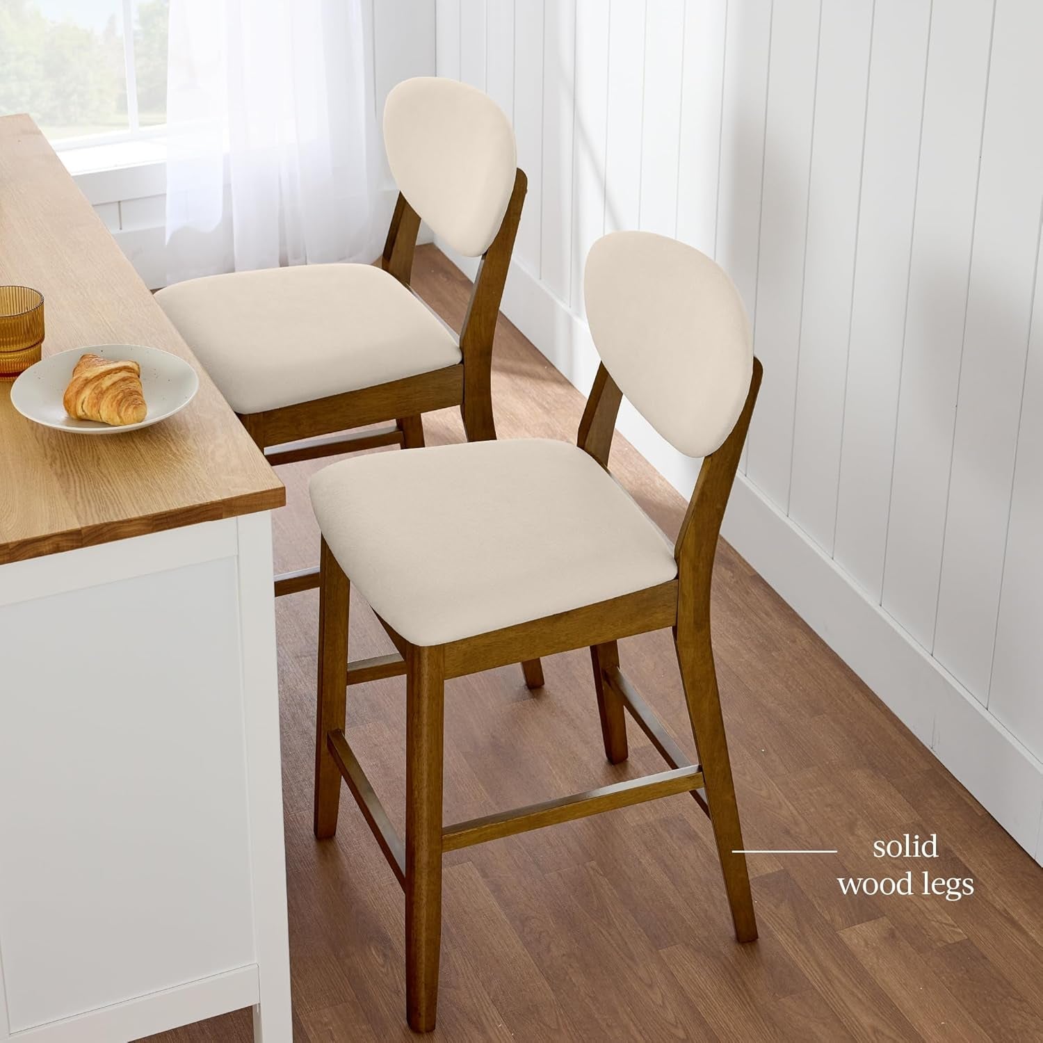 Bar Stool Set of 2, Mid-Century Modern Upholstered Wood, Armless Counter Height W/Seat Cushion, Backrest - Walnut/Cream