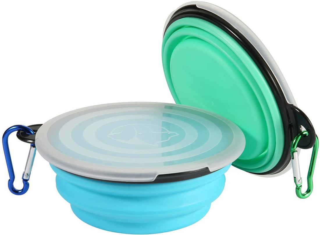 Collapsible Bowl with Cover Lids,2 Pack Dog Travel Bowls Portable Foldable Cat Water Dish Bowl for Pets Walking Parking Camping (Light Blue and Green, Small)