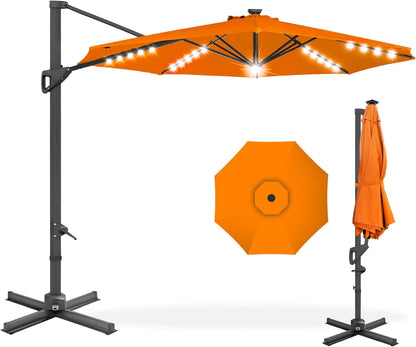 10Ft Solar LED Cantilever Patio Umbrella, 360-Degree Rotation Hanging Offset Market Outdoor Sun Shade for Backyard, Deck, Poolside W/Lights, Easy Tilt, Cross Base