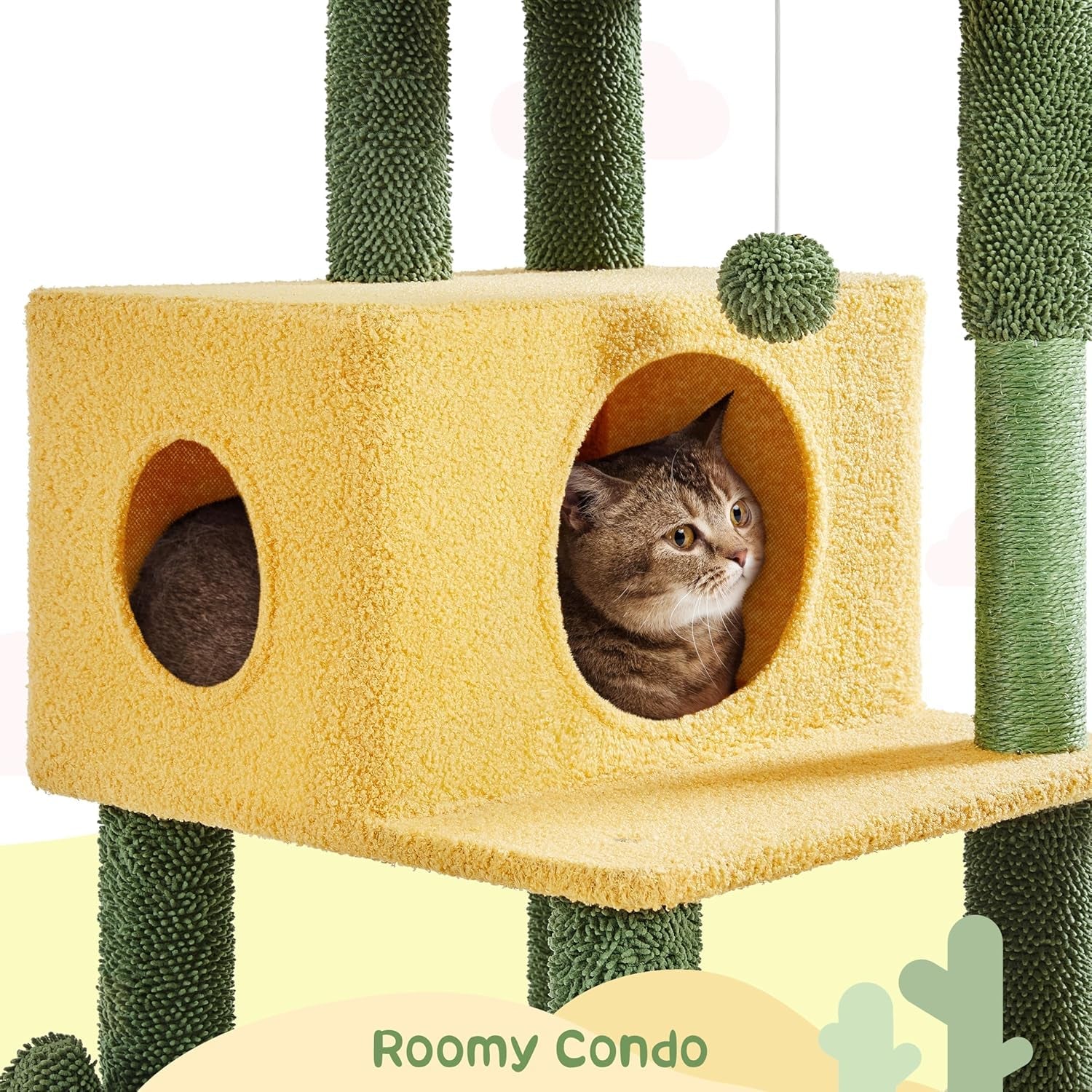 Cactus Cat Tree, Large Cat Tree for Indoor Cats, Multi-Level Cat Tower with 2 Large Condo, Scratching Posts, 2 Acrylic Clear Bowls and Dangling Balls, 68.5In