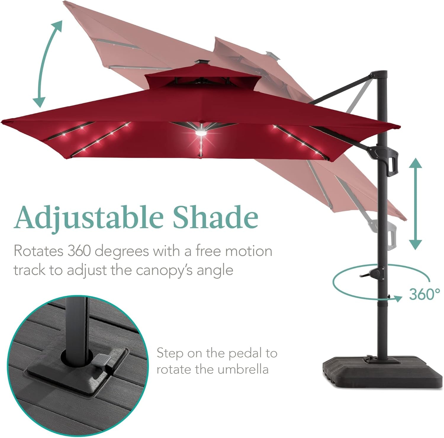 10X10Ft 2-Tier Square Cantilever Patio Umbrella with Solar LED Lights, Offset Hanging Outdoor Sun Shade for Backyard W/Included Fillable Base, 360 Rotation - Burgundy