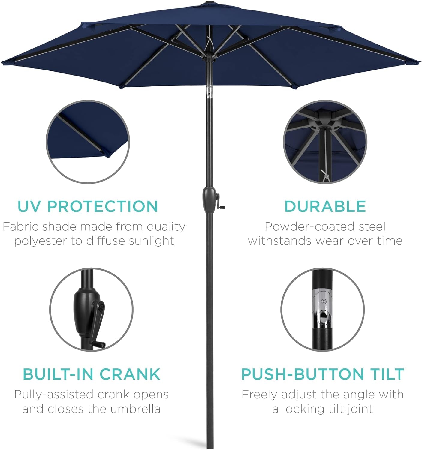 7.5Ft Heavy-Duty round Outdoor Market Table Patio Umbrella W/Steel Pole, Push Button Tilt, Easy Crank Lift - Navy Blue