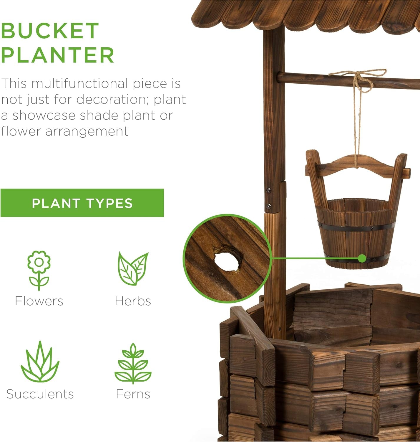 Rustic Wooden Wishing Well Planter Outdoor Home Décor for Patio, Garden, Yard W/Hanging Bucket