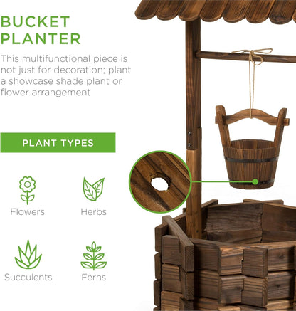 Rustic Wooden Wishing Well Planter Outdoor Home Décor for Patio, Garden, Yard W/Hanging Bucket