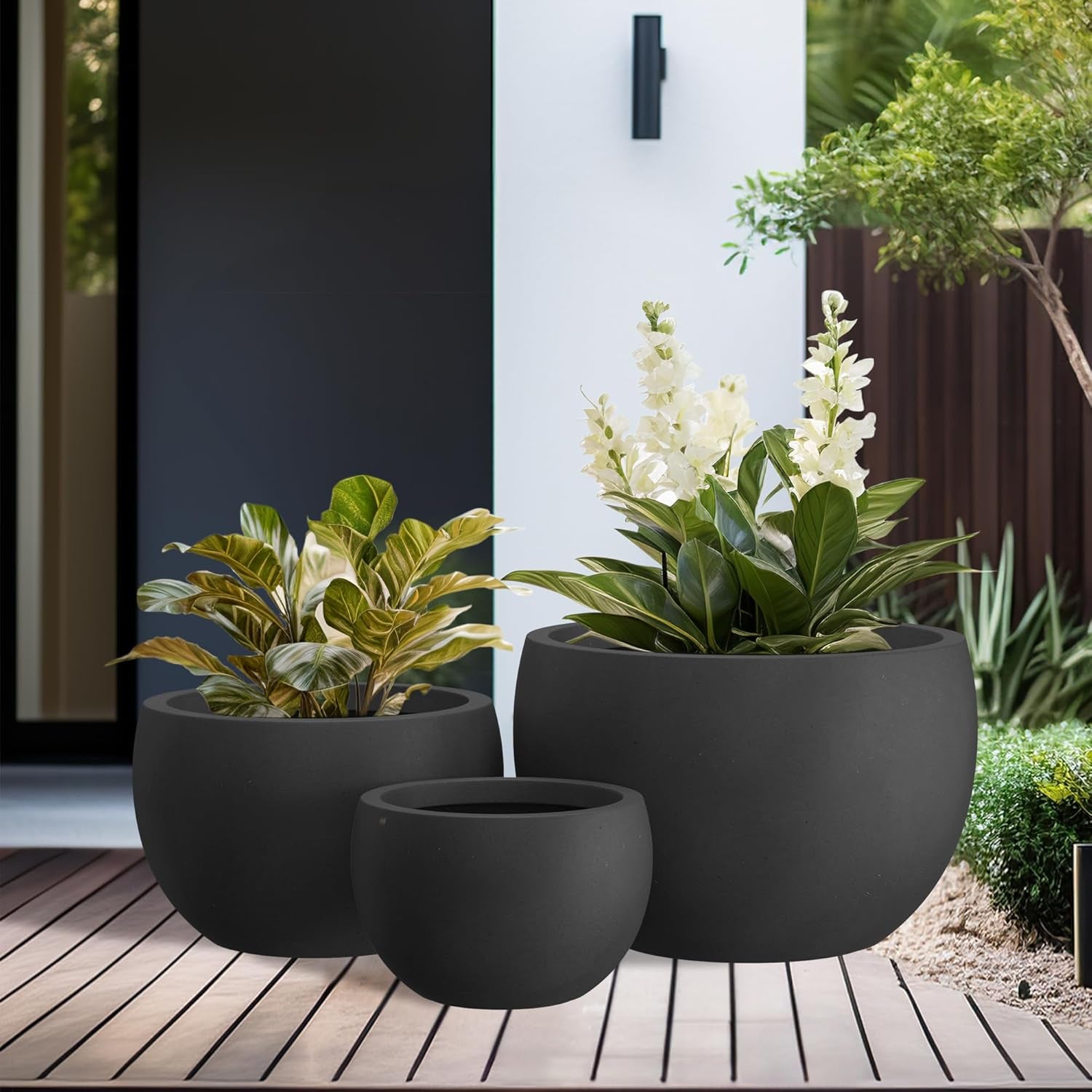 19.9&quot;,15.7&quot;,11.8&quot; Dia round Concrete Planter Set of 3, Outdoor/Indoor Large Bowl Plant Pots with Drainage Hole and Rubber Plug for Garden Patio Balcony Home, Black