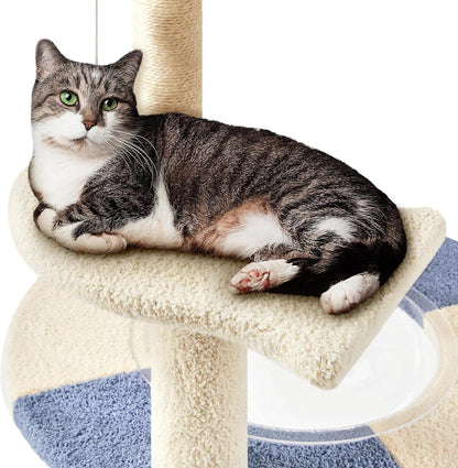 Cat Tree, 35.5In Cat Tower for Indoor Cats, Cat House with Scratching Posts &amp; Padded Perch &amp; Space Capsule, Cute Cat Tree, Cat Furniture for Kittens, Blue/Beige