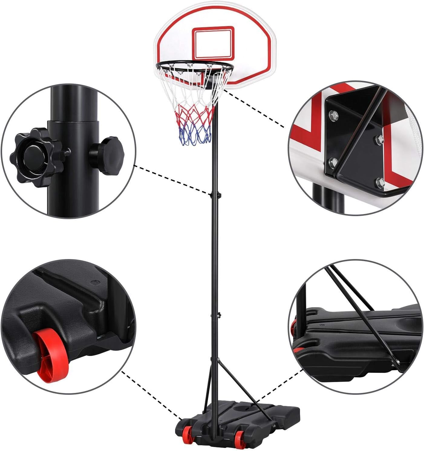 Portable Basketball Hoop for Kids Outdoor Basketball Goals Indoor Basketball Court Youth Adjustable Basketball Stand 6.4-8.2Ft Height Adjustable, Black/Red