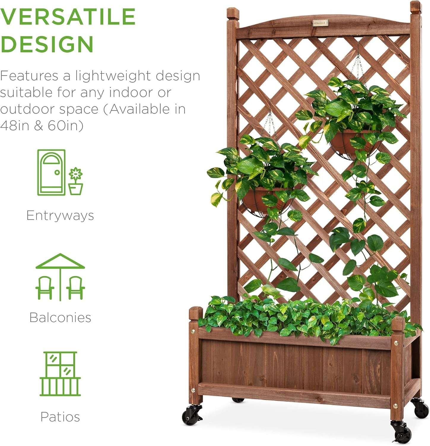 60In Wood Planter Box &amp; Diamond Lattice Trellis, Mobile Outdoor Raised Garden Bed for Climbing Plants W/Drainage Holes, Optional Wheels - Walnut