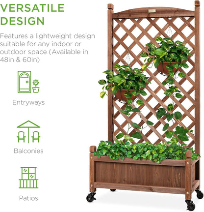 60In Wood Planter Box &amp; Diamond Lattice Trellis, Mobile Outdoor Raised Garden Bed for Climbing Plants W/Drainage Holes, Optional Wheels - Walnut