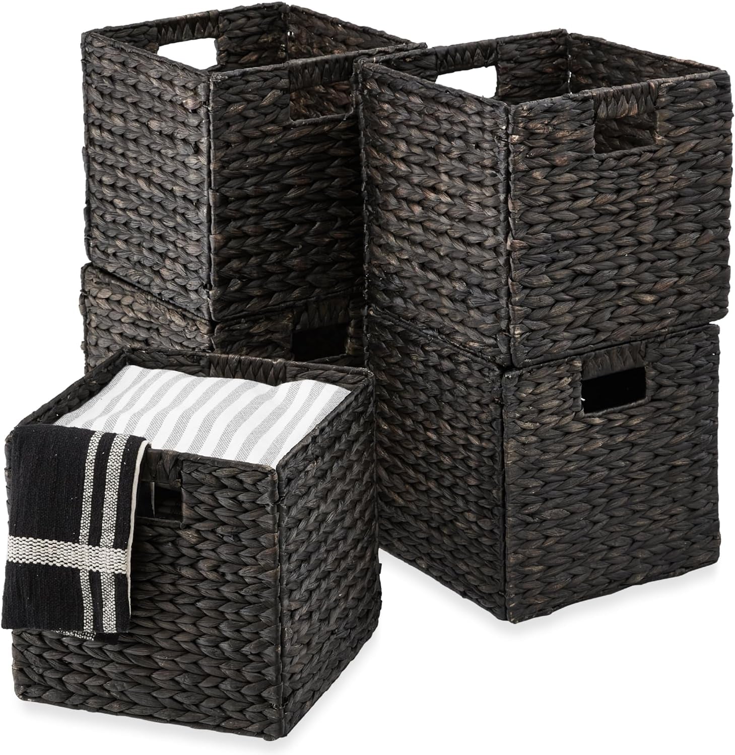 10.5X10.5In Hyacinth Baskets, Rustic Set of 5 Multipurpose Collapsible Storage Organizer, Handwoven Laundry Totes for Bedroom, Living Room, Shelves - Brown