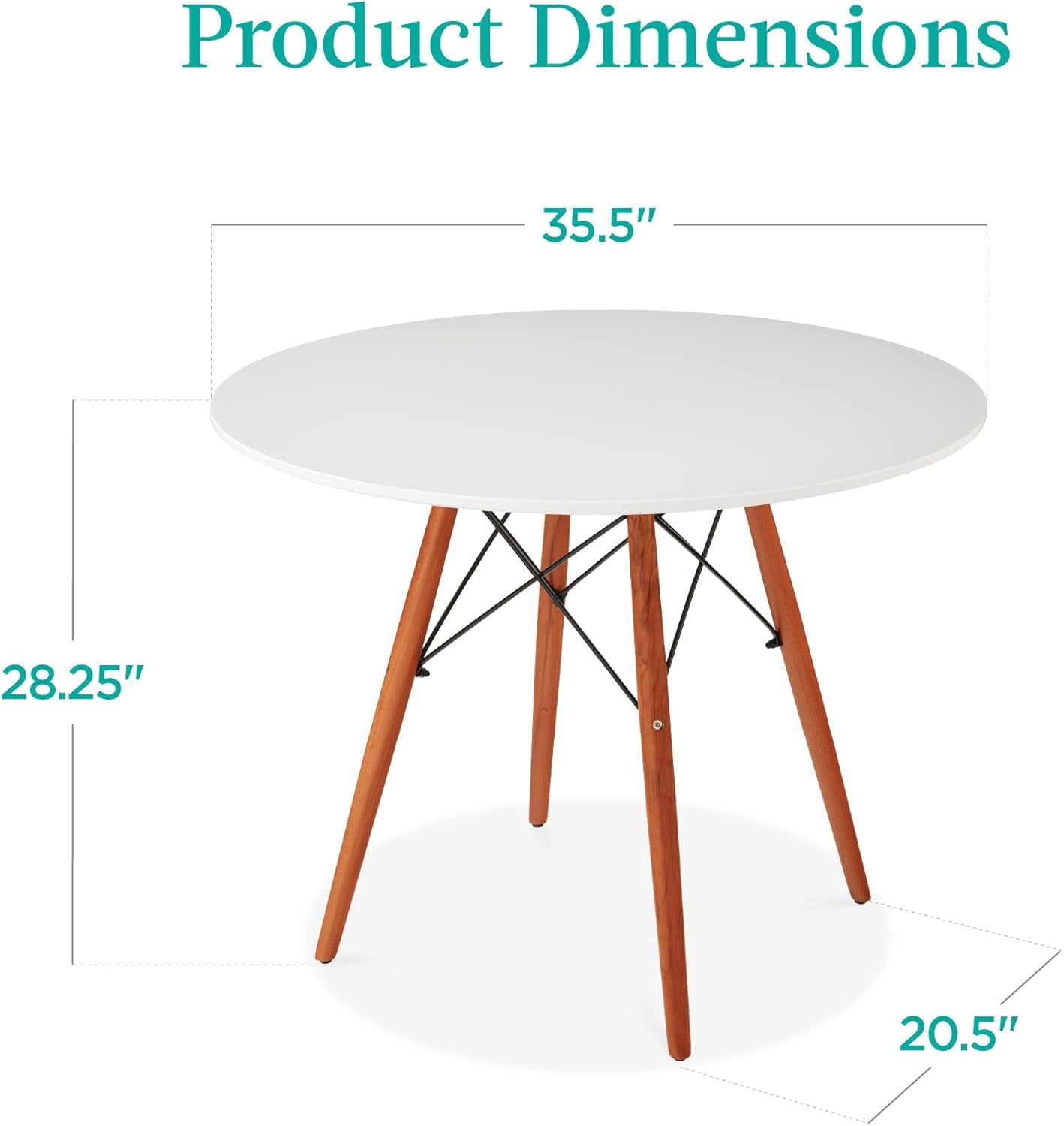 35.5In round Dining Table, Compact Mid-Century Modern Table for 2-4, Home, Kitchen, Apartment W/Beech Wood Legs, Metal Frame - White