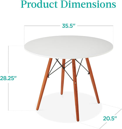 35.5In round Dining Table, Compact Mid-Century Modern Table for 2-4, Home, Kitchen, Apartment W/Beech Wood Legs, Metal Frame - White