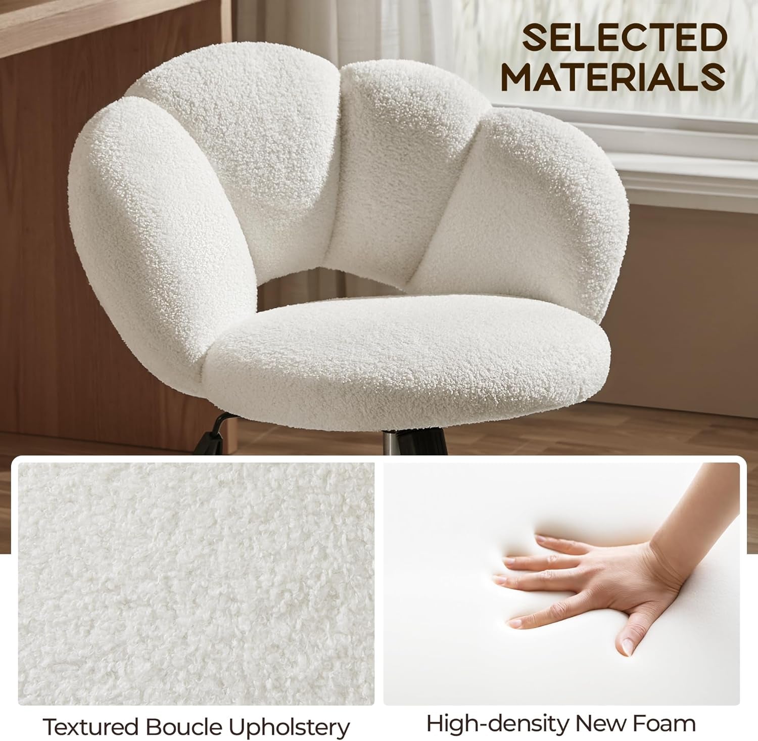 Boucle Upholstered Desk Chair Cloud-Shaped Vanity Chair Adjustable Home Office Chair Computer Chair with Rolling Wheels for Living Room, Bedroom White