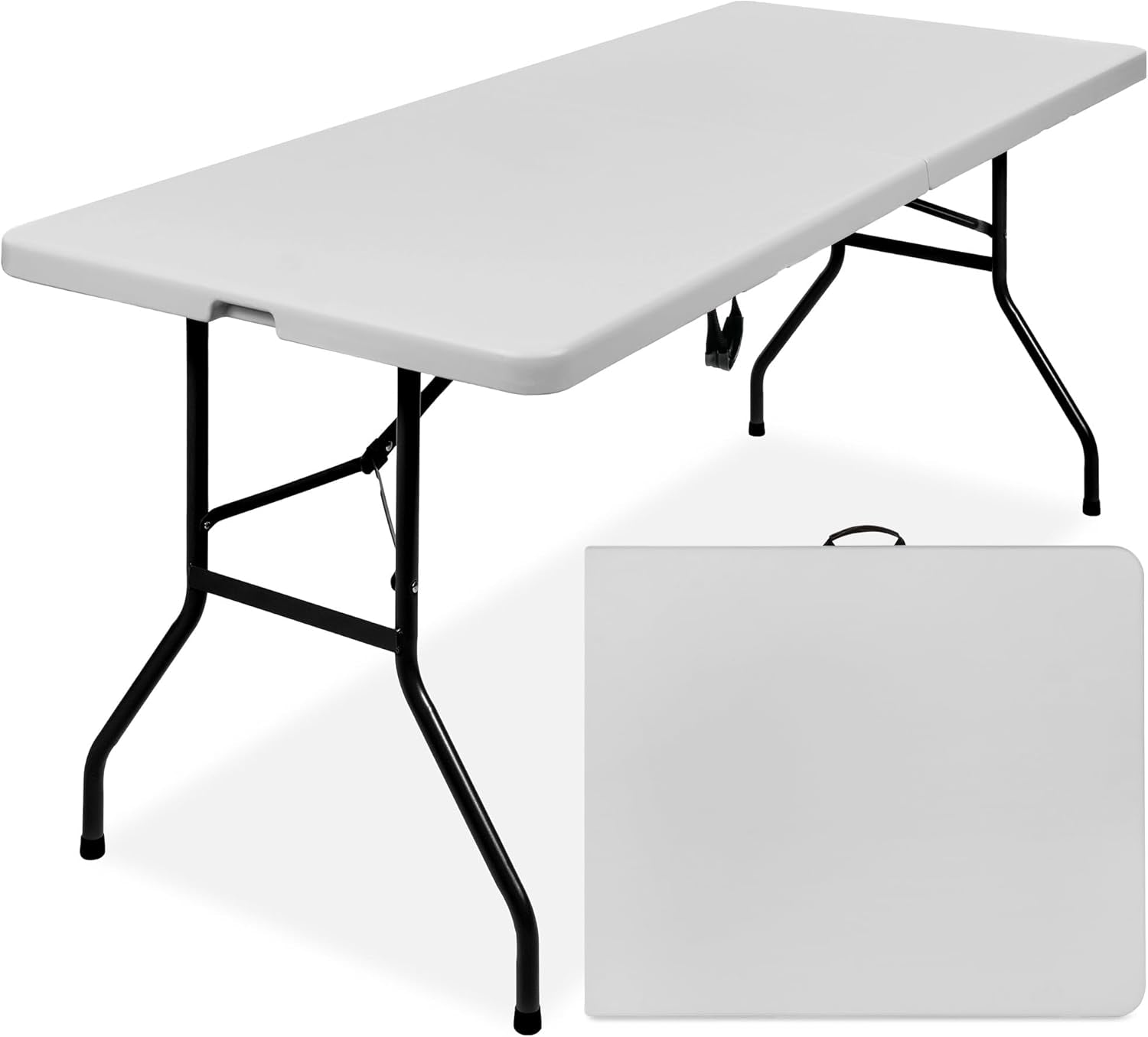 8Ft Plastic Folding Table, Indoor Outdoor Heavy Duty Portable W/Handle, Lock for Picnic, Party, Pong, Camping - White