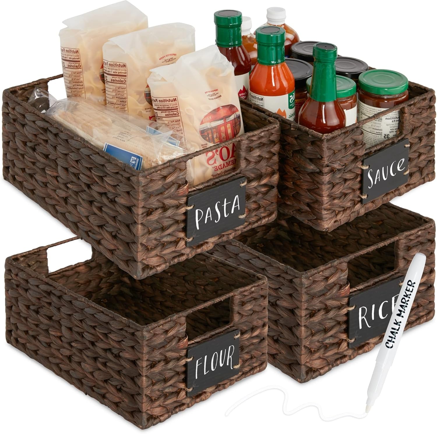 Set of 4 9X12In Water Hyacinth Pantry Baskets, Woven Kitchen Organizers W/Chalkboard Label, Chalk Marker - Natural