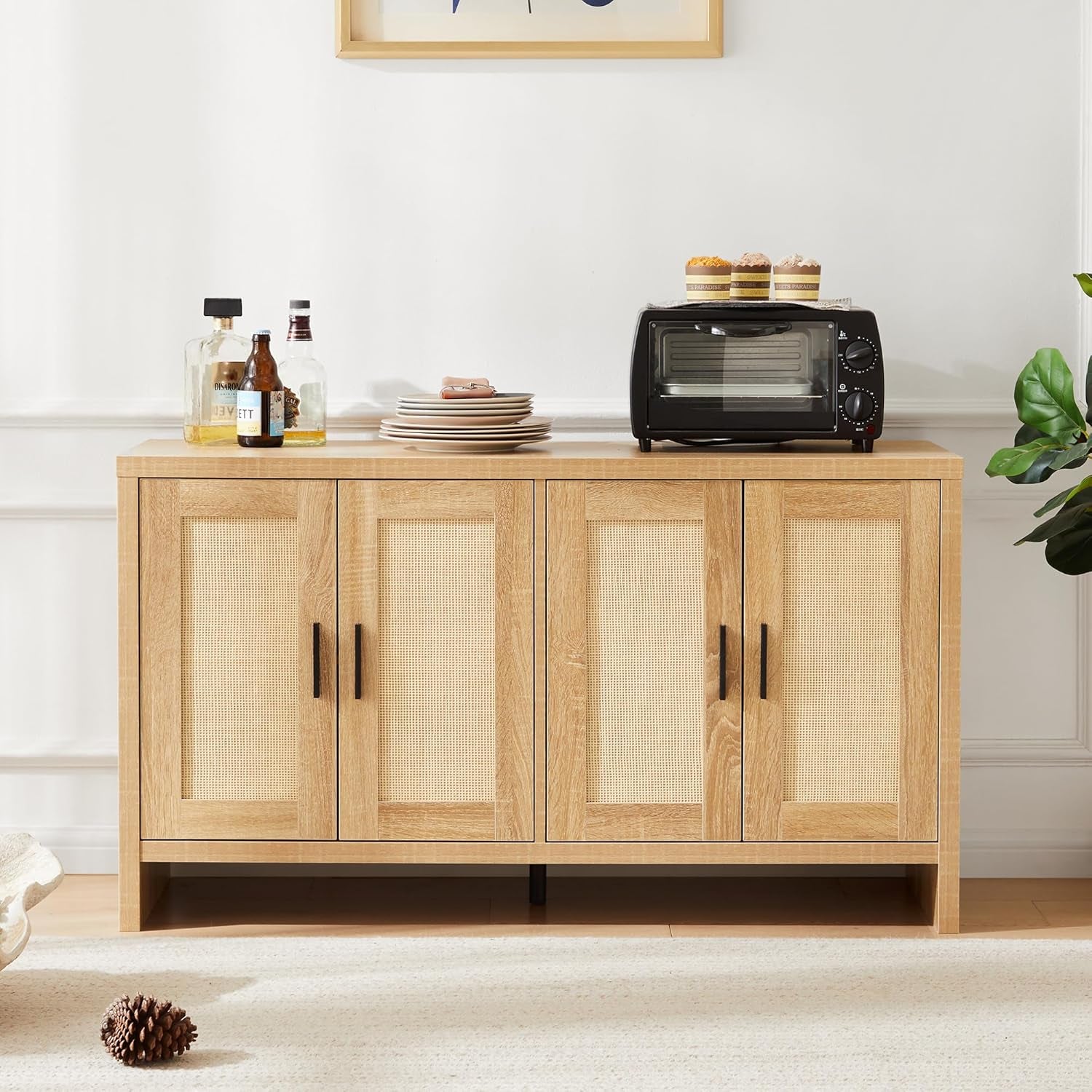 Rattan Buffet Cabinet with Storage, Sideboard Cabinet with Doors and Adjustable Shelves, Farmhouse Coffee Bar Station Table, Modern Wood Cupboard for Kitchen, Livingroom and Dining Room