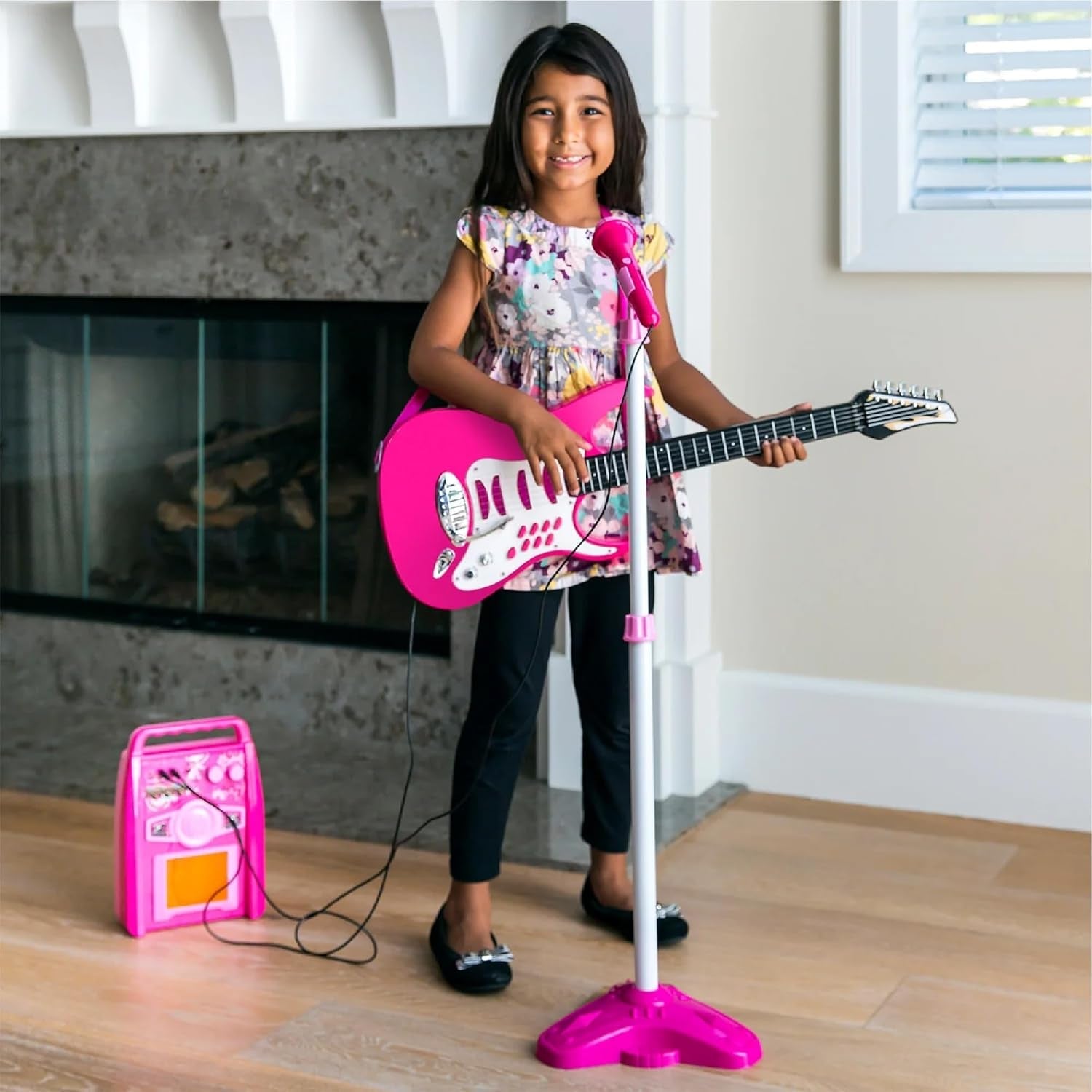 Kids Electric Musical Guitar Play Set, Toy Guitar Starter Kit Bundle W/ 6 Demo Songs, Whammy Bar, Microphone, Amp, AUX, 2 Sticker Sheets - Pink