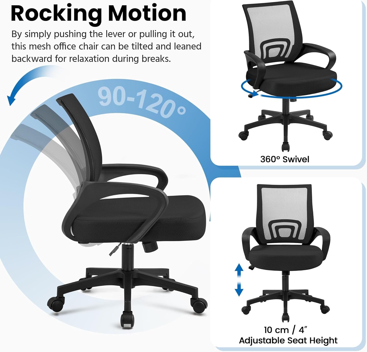 Office Chair Mid Back Swivel Lumbar Support Desk Chair, Height Adjustable Computer Ergonomic Mesh Chair with Armrest Black, 2-Pack